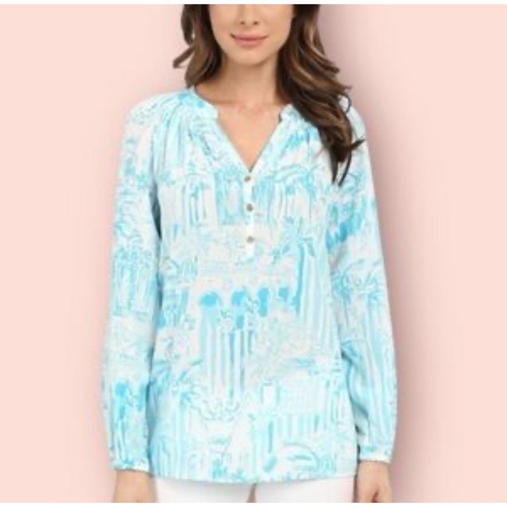 Lilly‎ Pulitzer Top Blouse Blue White Print Sleeve Gold Button Detail Size XXS
